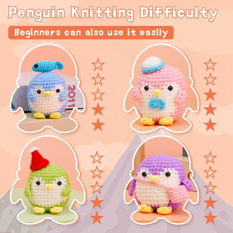 4Pcs DIY Crochet Penguin Kit With Hand Knitting Yarn Needles Plush Doll Easy(Blue,Green,Purple,Pink) Durable